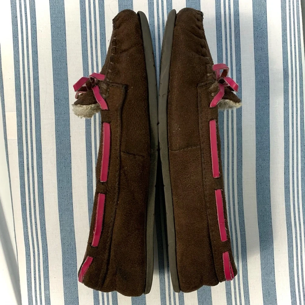 Airwalk Kids Classic Brown Suede Sherpa Fur Moccasin Slippers Shoes Pink Bow